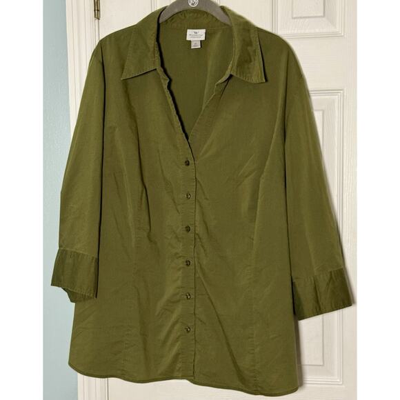 Worthington Woman Stretch Olive Green Long Sleeve Button-UP, 3X - Picture 1 of 7